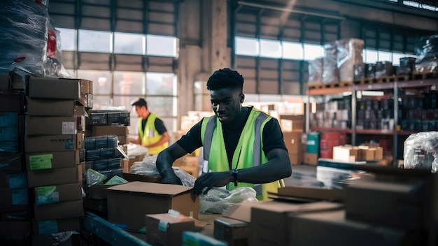 Young man working at a warehouse with boxes