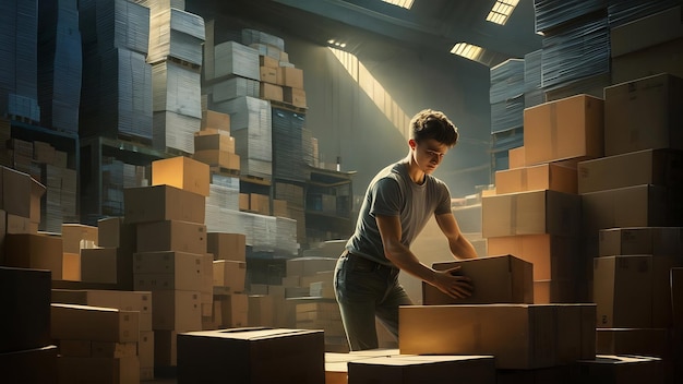 箱を持って倉庫で働く若い男