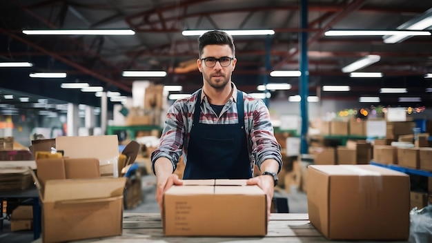 Young man working at a warehouse with boxes