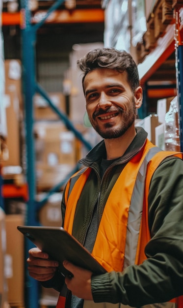 Young man working at warehouse with clipboard
