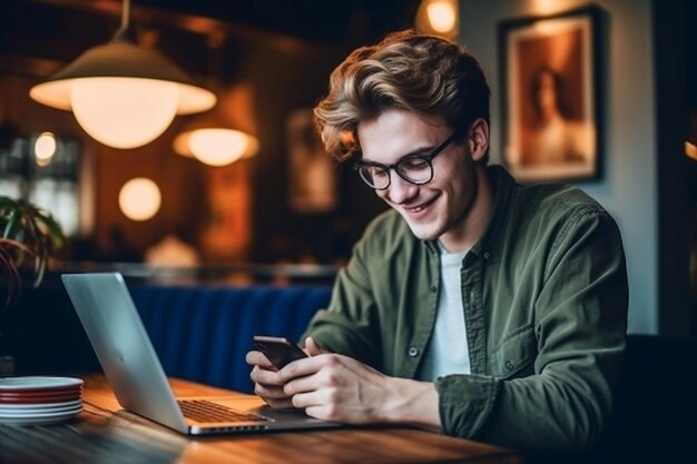 Young man works at a computer in the office Freelancer working from a laptop Business education concept Generative AI