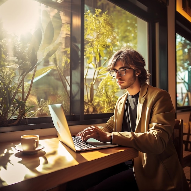 Young man works at a laptop in a cafe Image generated by AI