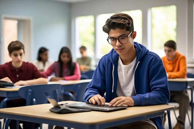 若い男は学校でPCで働いています