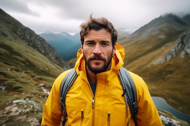 Young man in yellow jacket in mountains active vacationstravelling