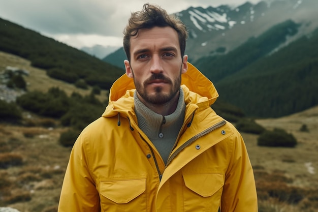 Young man in yellow jacket in mountains active vacationstravelling