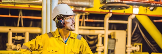 Photo young man in a yellow work uniform glasses and helmet in industrial environmentoil platform or