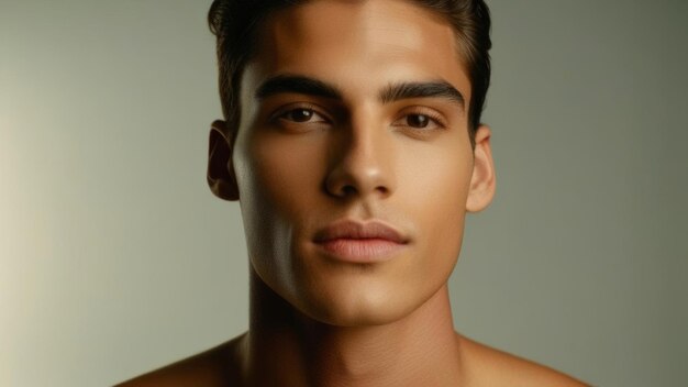 A young mans face in the foreground with two unbranded lipsticks in sharp focus a dark backdrop highlights the cosmetics