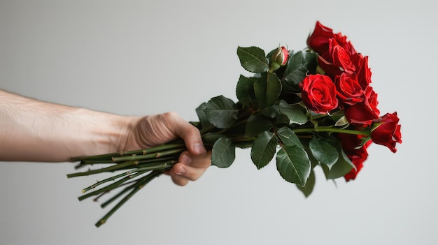 A young mans hand offers a bouquet of red roses cropped isolated on whitephoto ar 169 stylize 250 Job ID b0b159e542494bc1abd570b2592a83d5