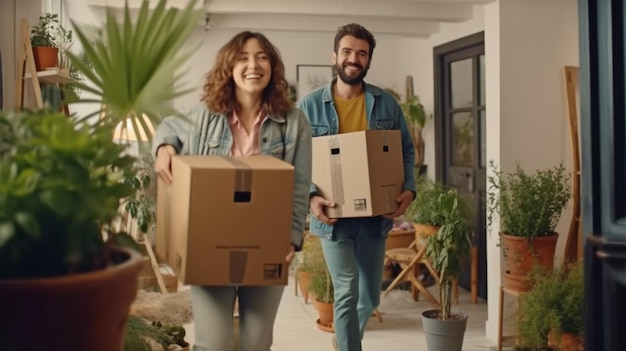 Young married couple moving into rental apartment with boxes comfortable room with houseplants moving into new house after restoration Generative AI