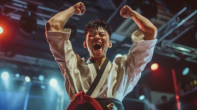Photo a young martial artist celebrates his victory in a tournament he is wearing a white gi and a red belt
