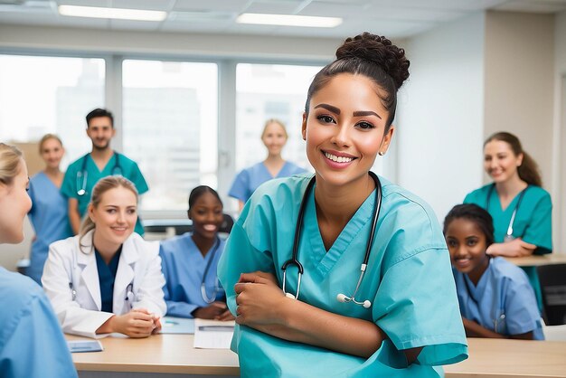 Young medical student sits on a table in a university hospital smiling and surrounded by health professionals learning and training to become the best healthcare providers