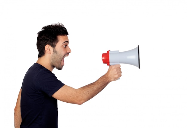 Young men in black with a Megaphone proclaiming something isolated on white background