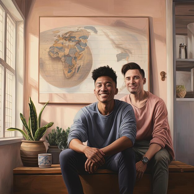 Photo young men laughing in their new apartment in the style of light brown and pink