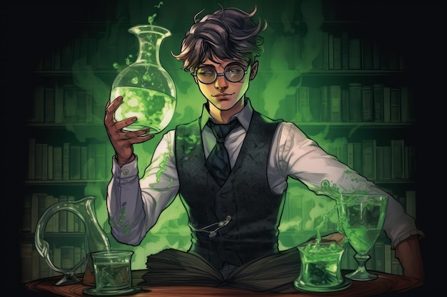 A young men make a potion