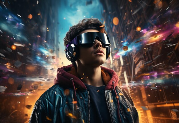 Young men wearing virtual reality glasses in neon colors high design very detailed