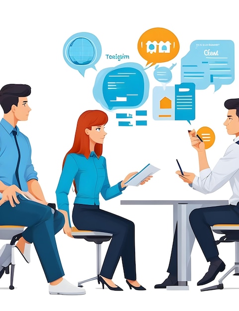 Young Men And Woman Discussion About New Business Idea Team Work Illustration AI Generate Image