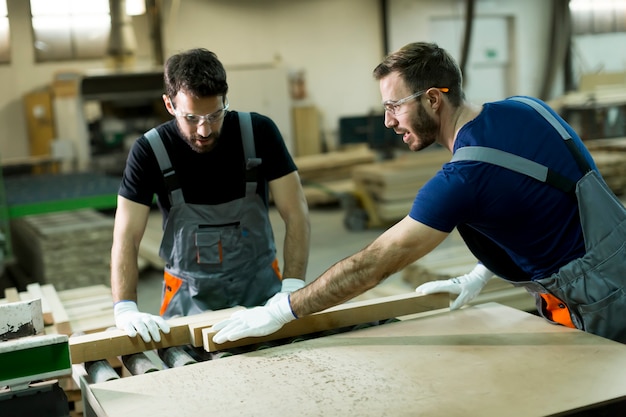 Young men working in lumber workshop