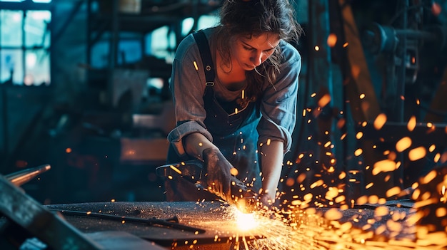 young metalworker uses a grinder on a piece of iron generated by ai