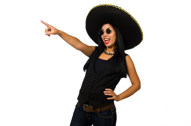 Young mexican woman wearing sombrero isolated on white