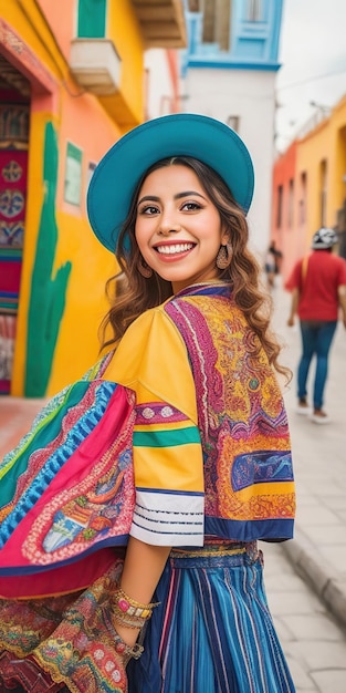 Young mexican woman with long hair and colorful clothes