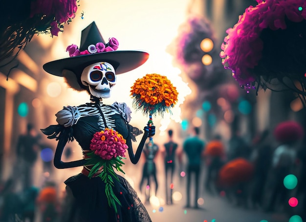 Молодая мексиканка с сахарным черепом, раскрашенным на лице ко дню фестиваля мертвых улиц