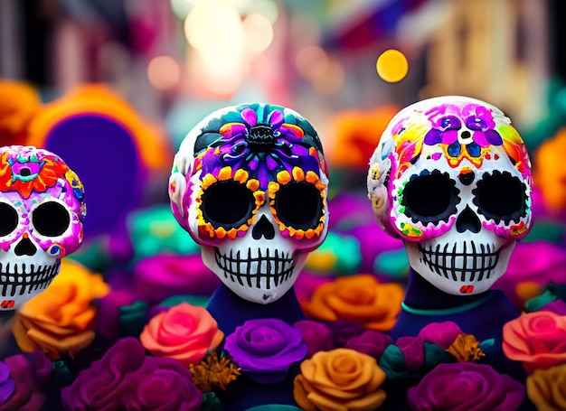 죽은 거리 축제의 날 설탕 두개골 얼굴 페인트를 칠한 젊은 멕시코 여성