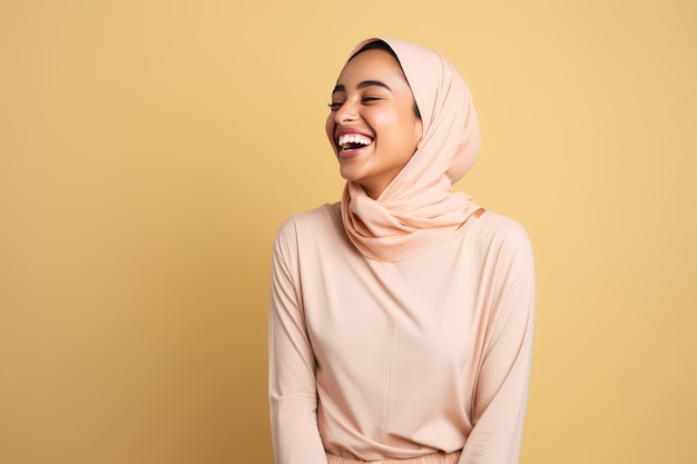 Young middle eastern woman laughing looking at the camera