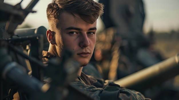 Молодой военный в униформе с сосредоточенным взглядом портрет среди военной техники идеально подходит для представления службы и преданности ИИ