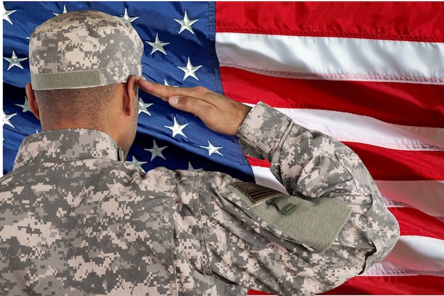 Young military soldier man portrait on USA flag background