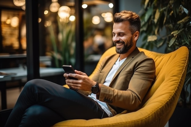 young millennial man sitting in soft chair using smartphone ai generated