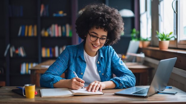 Young millennial student searches information for homework writes down necessary content in textbo