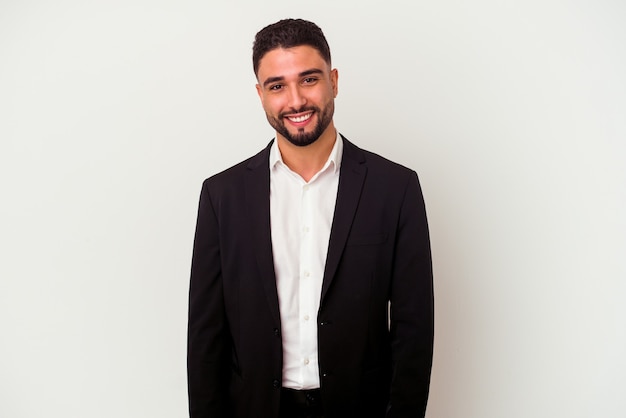 Young mixed race business man isolated on white background happy, smiling and cheerful.