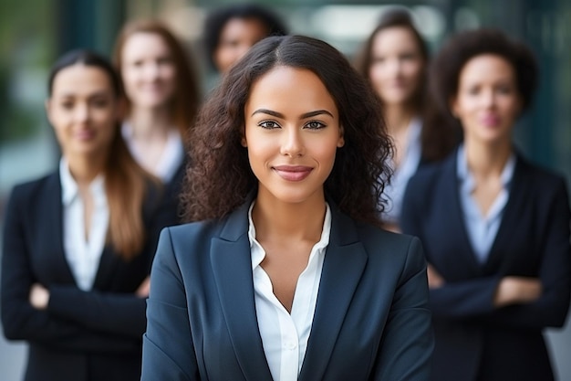 Photo young mixed race employees listening to confident female team leader