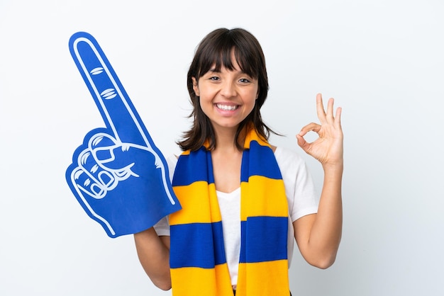 Young mixed race sports fan woman isolated on white background showing ok sign with fingers