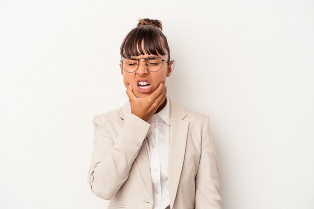 Young mixed race woman isolated on white background  having a strong teeth pain, molar ache.