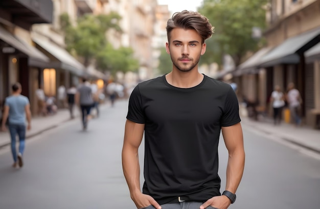 Photo young model just body shirt mockup boy wearing black tshirt on street