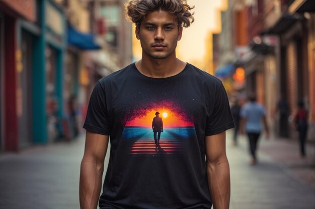 Молодой модельный макет рубашки мужчина в черной футболке