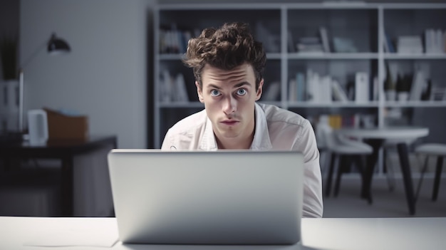 Young modern business man working using laptop while sitting in the office