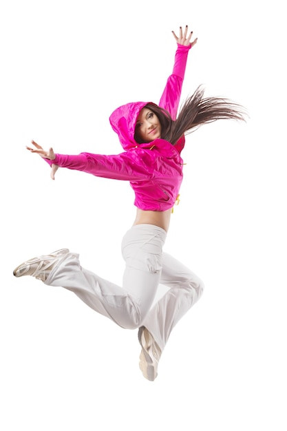 Young modern flexible hiphop dance girl mid jump