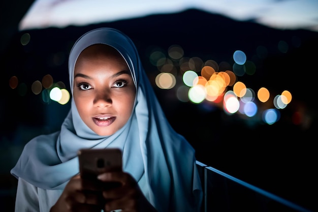 Young modern Muslim woman wearing scarf veil on urban city  street at night texting on smartphone with bokeh city light in background