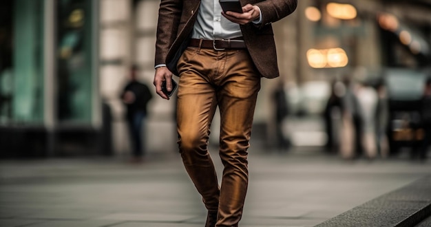 Молодой современный костюм образ жизни взрослые мужчины красивый ходячий бизнесмен тренер телефон генеративный ИИ