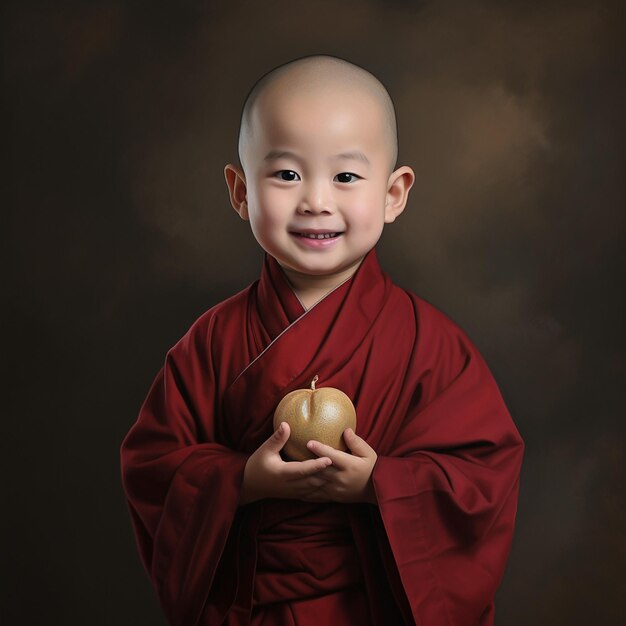 Photo a young monk holds a pear in his hands.