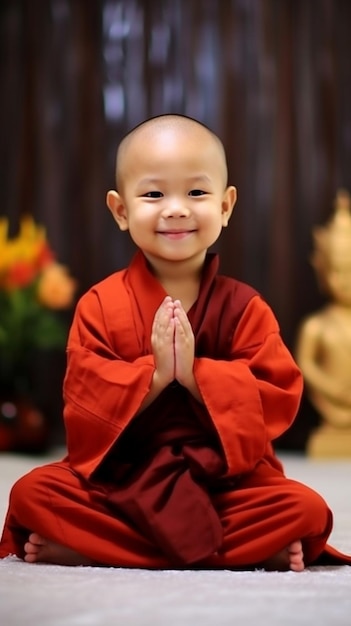 a young monk is sitting in a red robe.