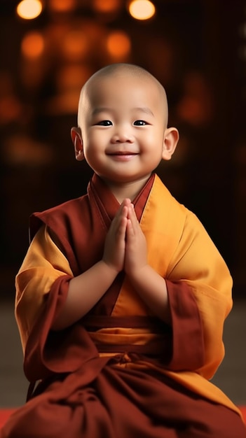 a young monk with his hands folded in prayer.