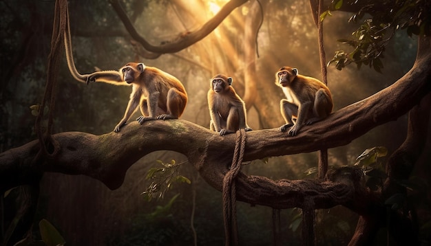 Young monkey sitting on tree branch cute generated by AI