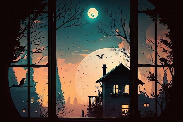 Young moon and dramatic sunset colors in the evening sky At night houses birds and trees all take on silhouettes Luminescence from a lone window cozy moonlight in the city at night homey famil