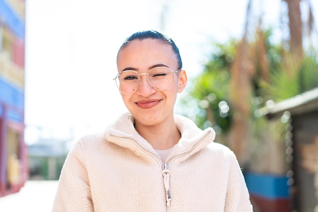 Young moroccan girl at outdoors With glasses and happy expression