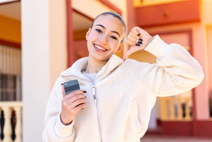 Photo young moroccan girl using mobile phone at outdoors proud and selfsatisfied