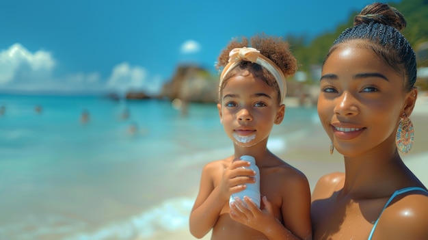 젊은 어머니 가 열대 해변 에서 딸 에게 자외선 차단제 를 바르는 가족 휴가 의 순간