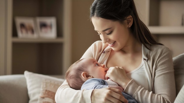 Foto giovane madre che allatta il bambino a casa